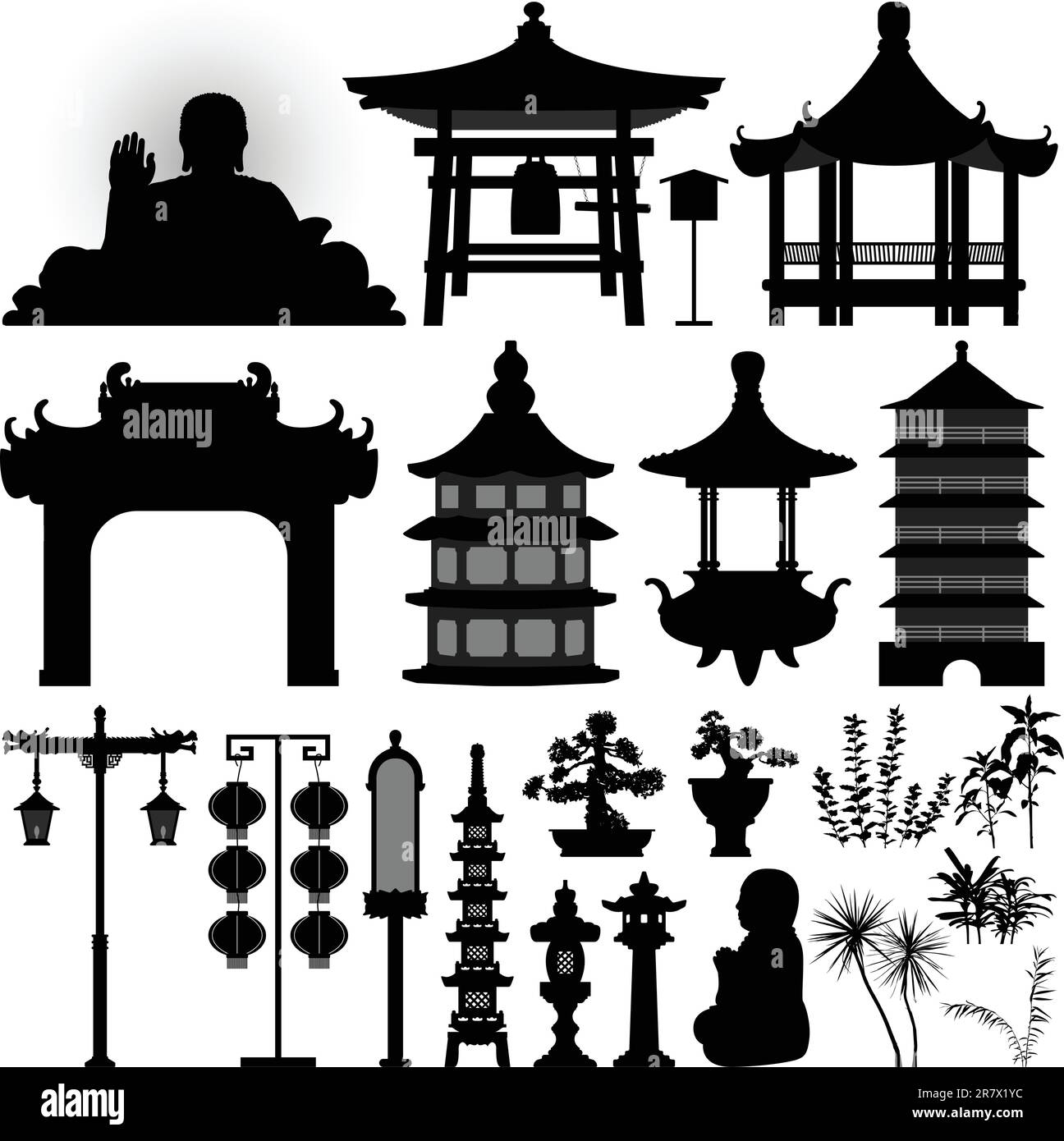 Un ensemble d'éléments de conception de temple chinois. Illustration de Vecteur