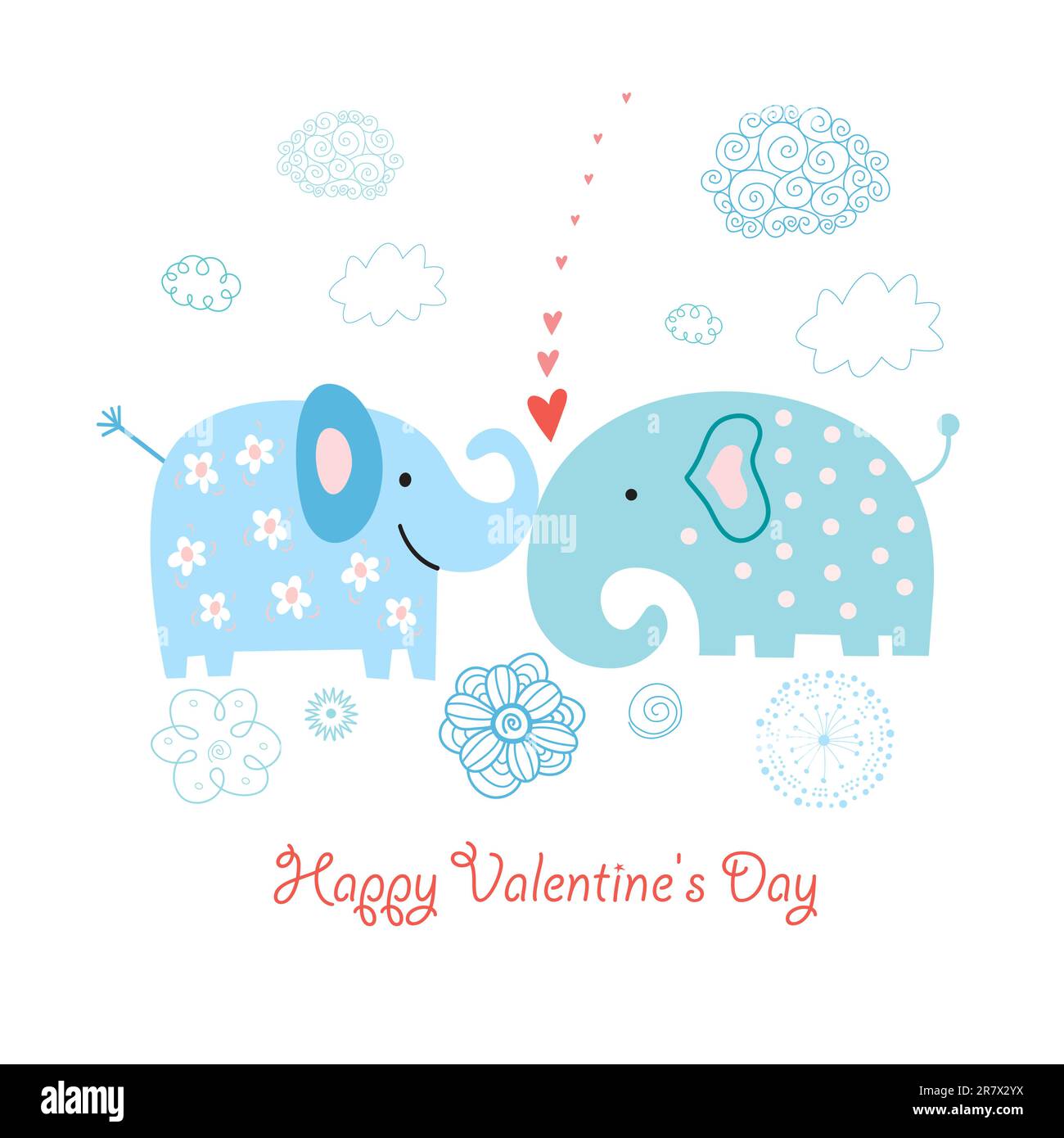 drôle d'amoureux d'éléphant bleu sur un fond blanc avec des coeurs et des nuages Illustration de Vecteur