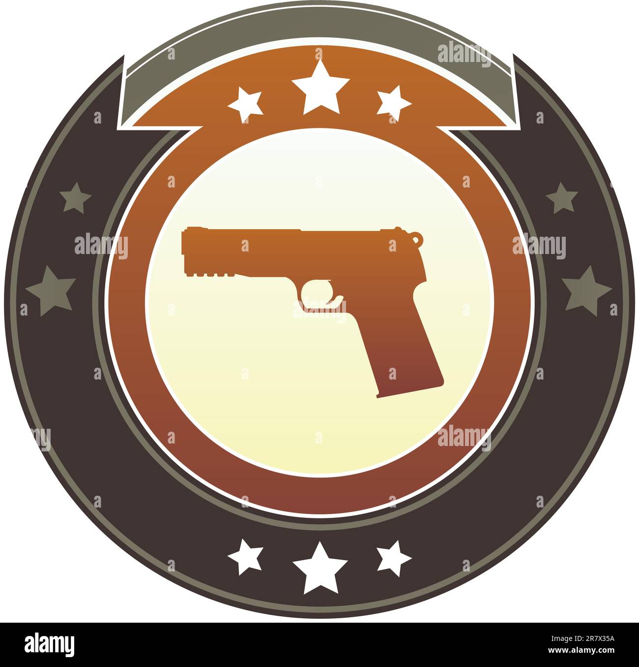 Icône arme à feu, crime ou violence sur un bouton rond à vecteur impérial rouge et marron avec des accents en étoile Illustration de Vecteur