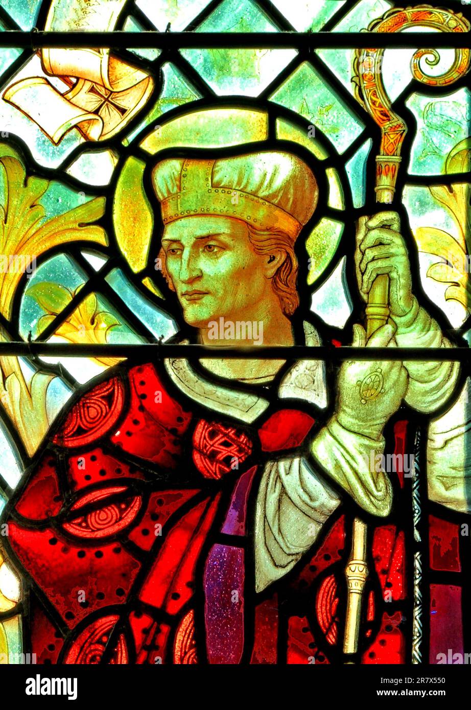 Saint Aidan de Lindisfarne, moine irlandais, missionnaire, apôtre, évêque, 7th Century, vitraux, par J Powell & son, 1900, Blakeney, Norfolk, Engla Banque D'Images