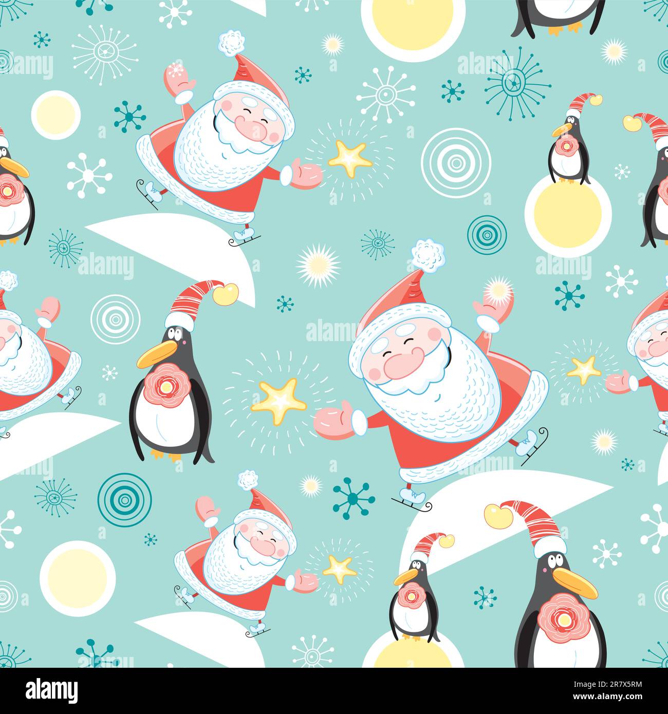Motif saisissant de Père Noël et de pingouins sur fond vert avec flocons de neige et soleil Illustration de Vecteur