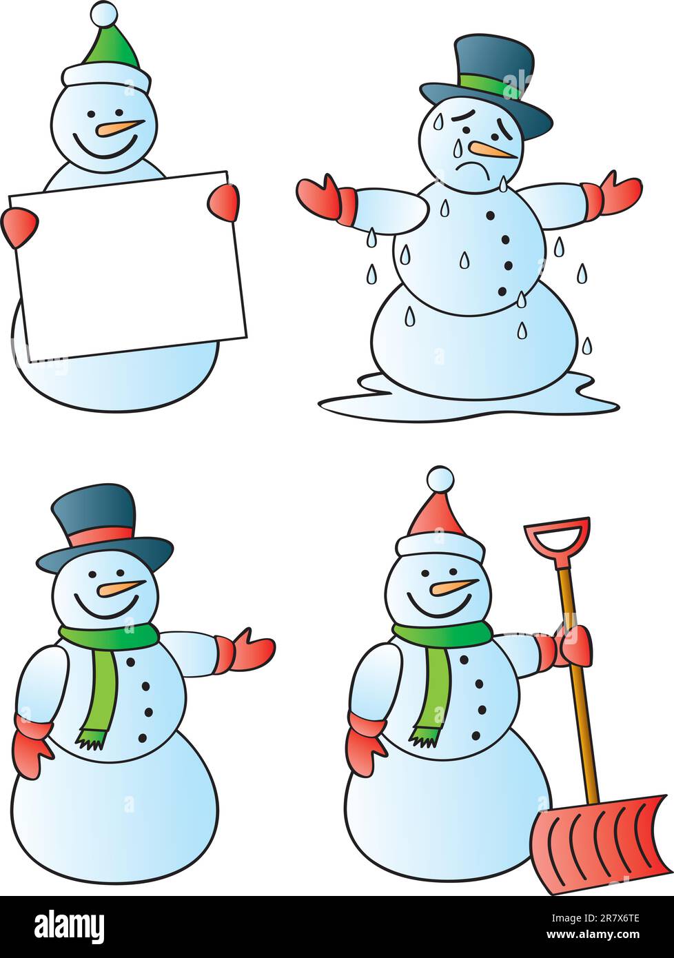 Quatre bonhommes de neige d'hiver dans diverses poses. Illustration de Vecteur