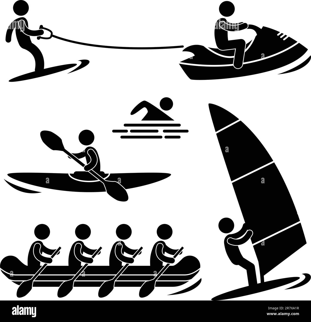 Un ensemble de pictogrammes sur les sports nautiques. Illustration de Vecteur