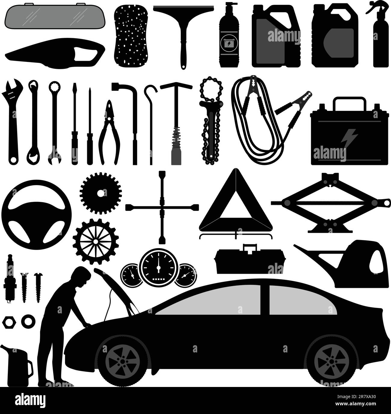 Un ensemble d'outils et d'équipements de voiture. Illustration de Vecteur