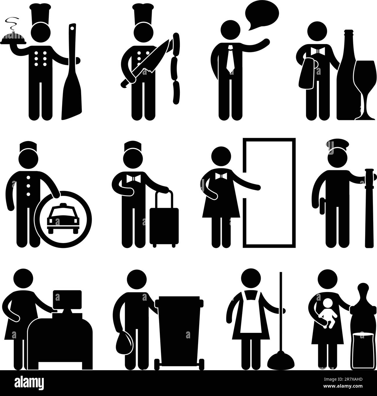 Un ensemble de travaux d'hôtel et de restaurant et de profession en pictogramme. Illustration de Vecteur