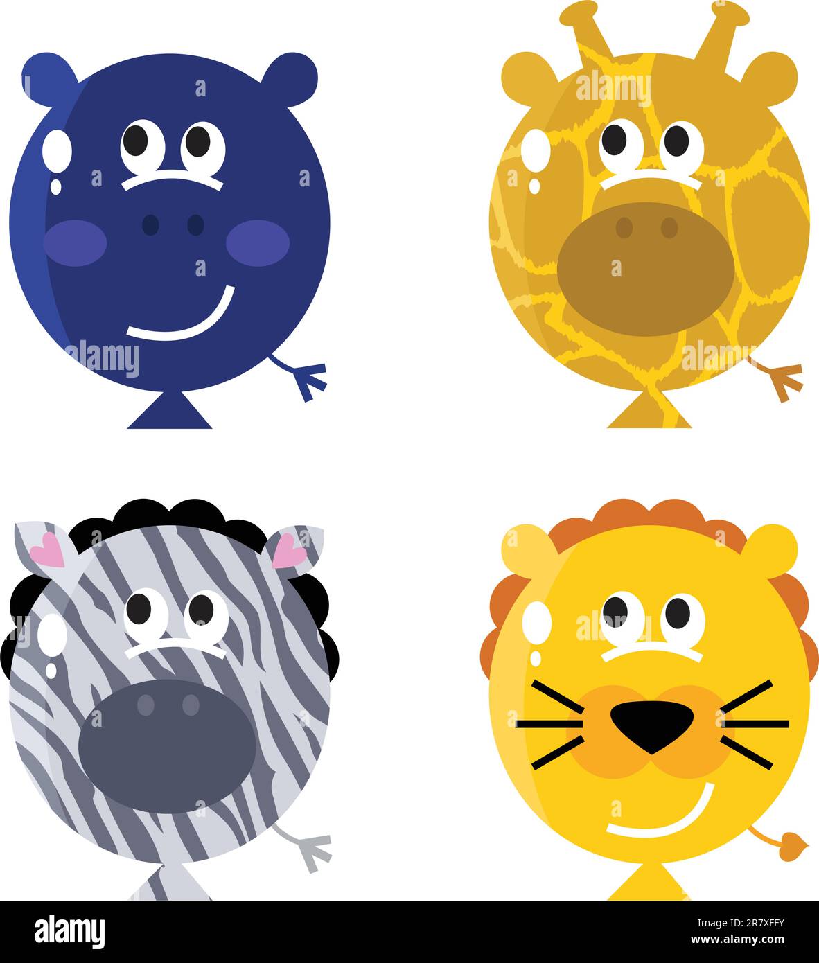 Les animaux mignons font face au ballon - hippopotame, girafe, zèbre, lion. Illustration vectorielle Illustration de Vecteur