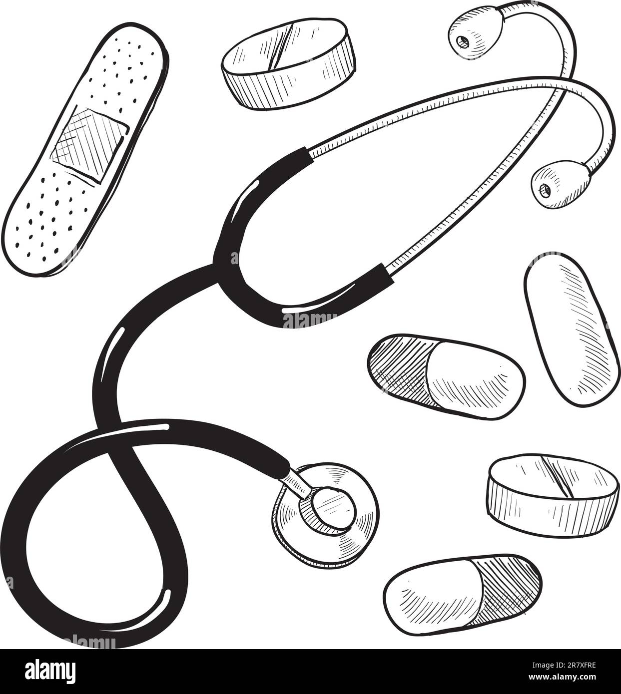 Doodle style médical ou médecin illustration avec des pilules, capsules, bandage, et stéthoscope Illustration de Vecteur