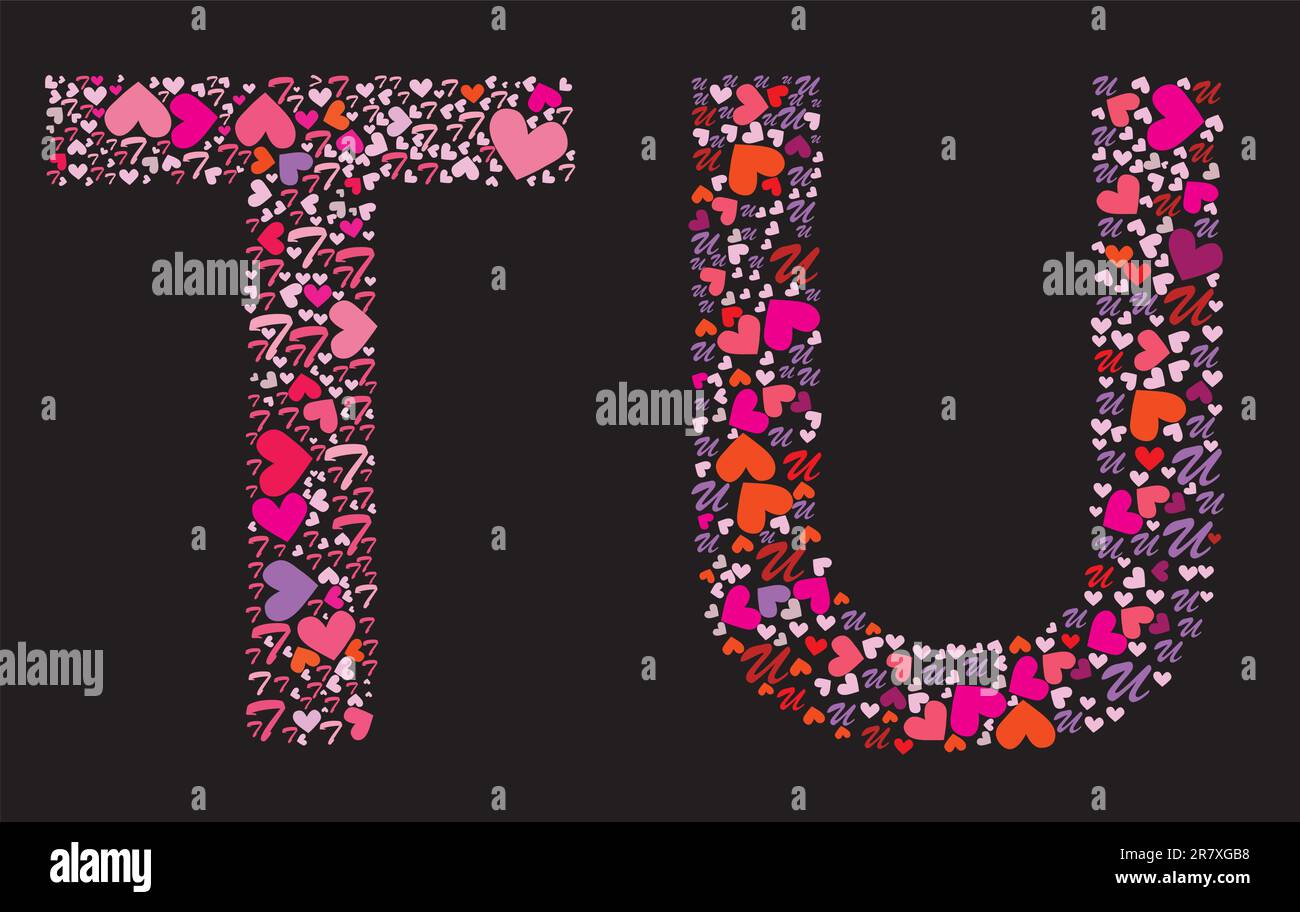 Lettre T, U. ensemble d'alphabet de Saint-Valentin avec coeur. Police vectorielle. Illustration de Vecteur