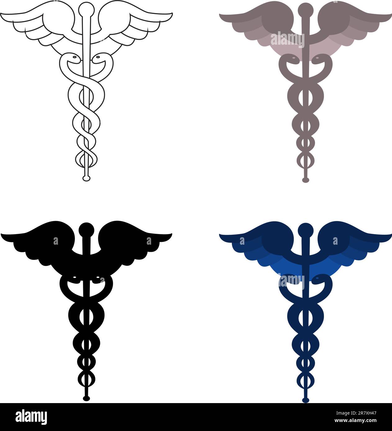 Quatre versions de caduceus, un contour, noir, gris et bleu. Illustration de Vecteur
