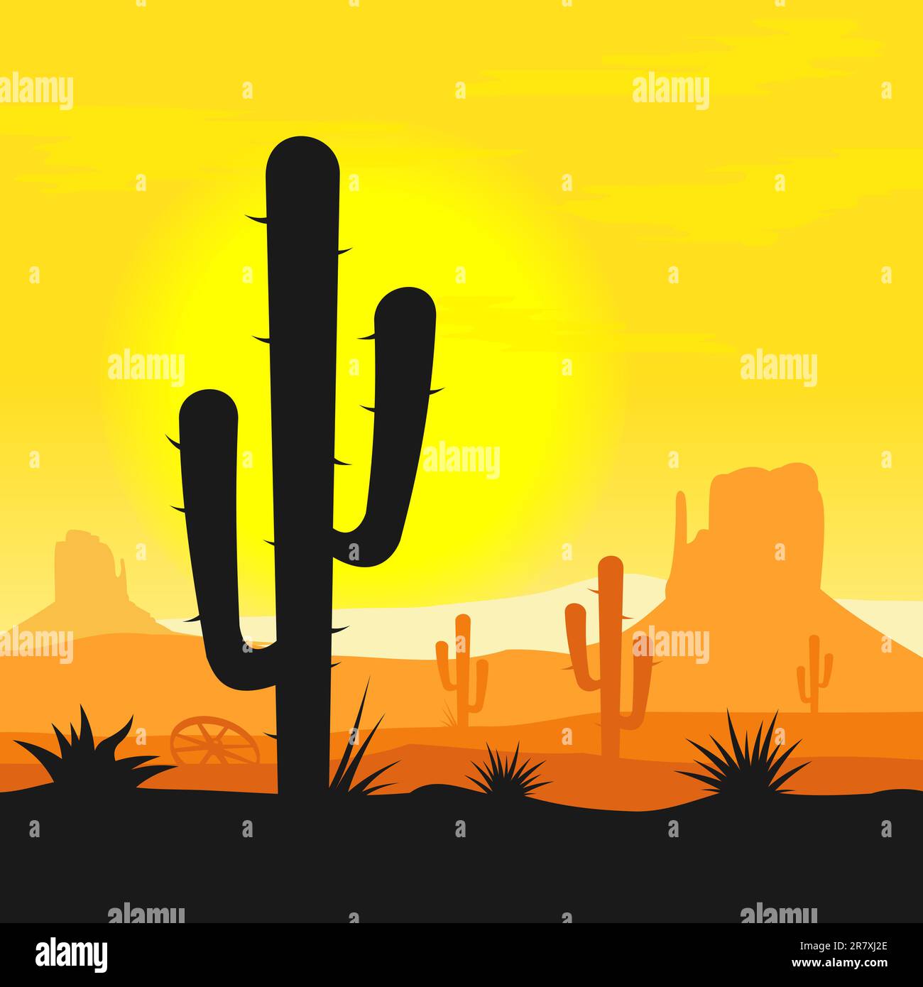 Coucher de soleil dans le désert mexicain avec silhouette de plantes cactus Illustration de Vecteur Coucher de soleil dans le désert mexicain avec silhouette de plantes cactus Illustration de Vecteur