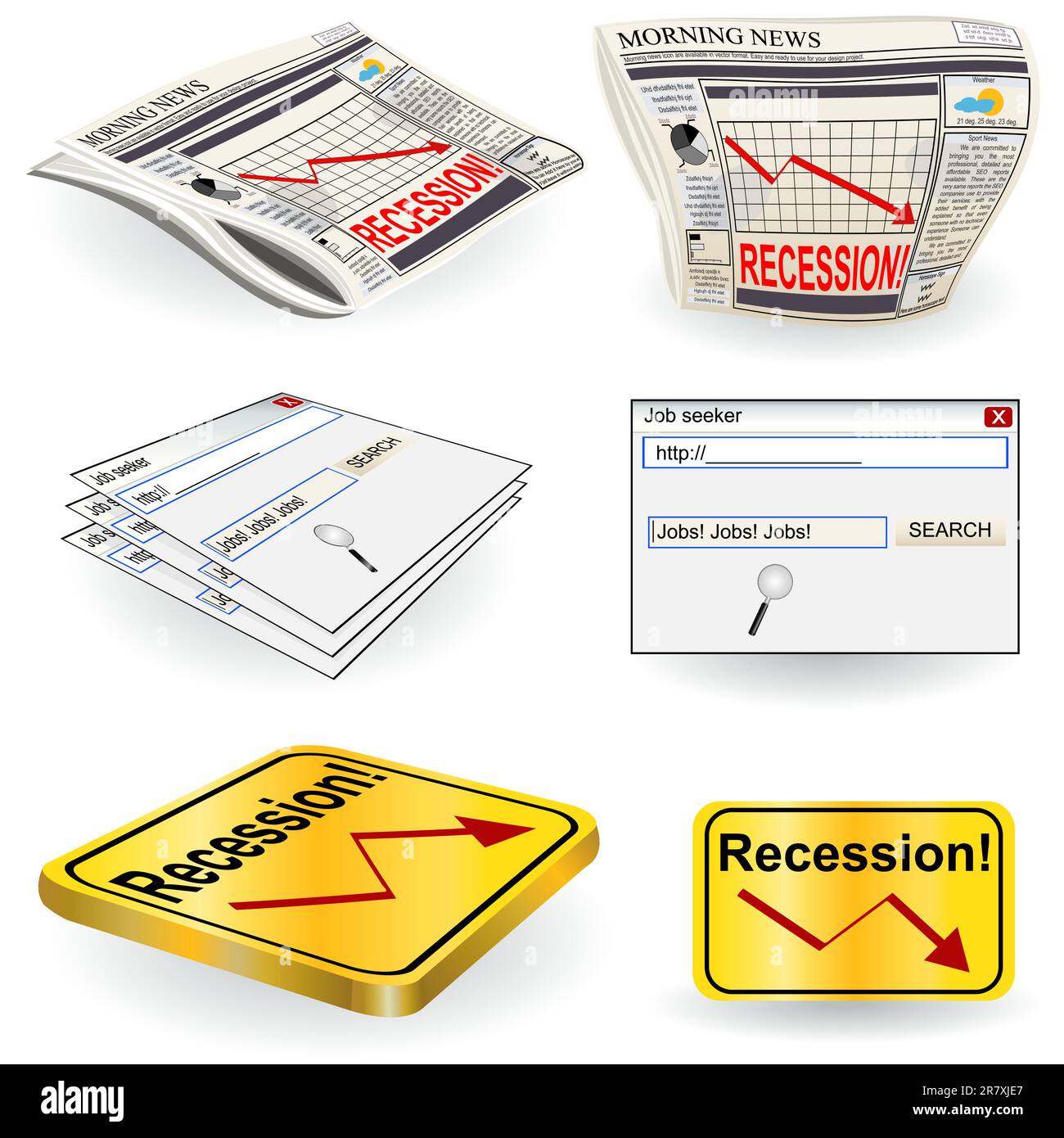 Images liées à la récession isolées sur fond blanc. Illustration de Vecteur