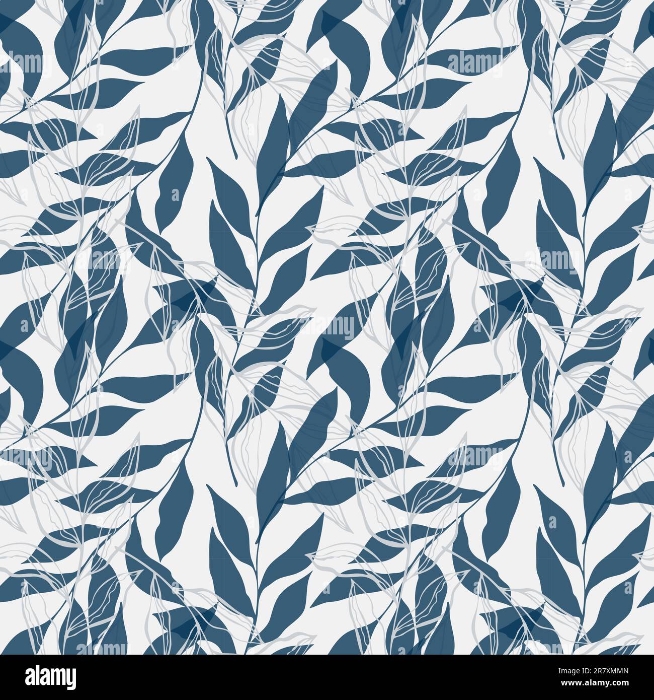 Motif sans coutures avec feuilles bleues dessinées à la main, style boho. Illustration vectorielle Illustration de Vecteur