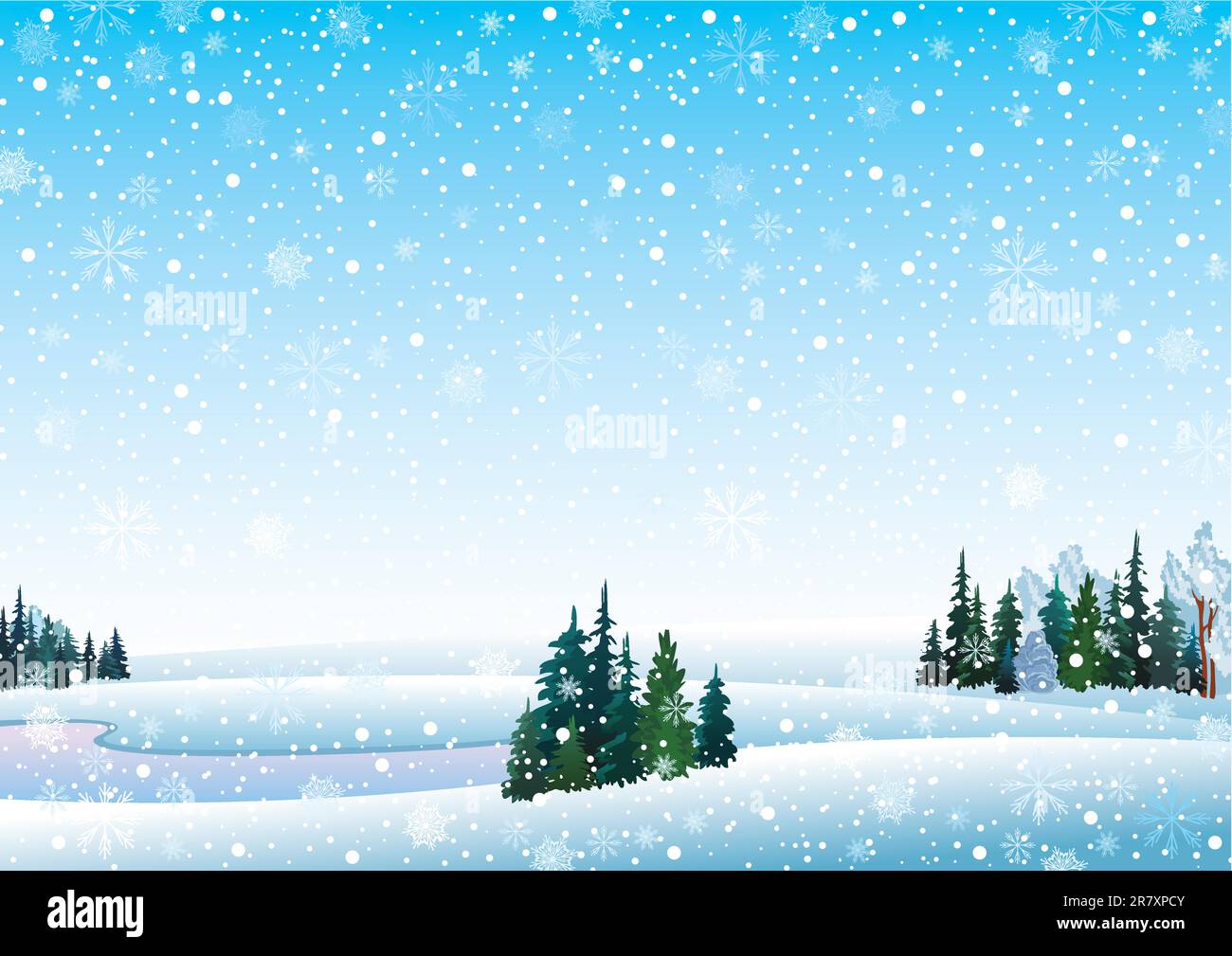 Paysage d'hiver vectoriel avec lac gelé, forêt et chute de neige Illustration de Vecteur