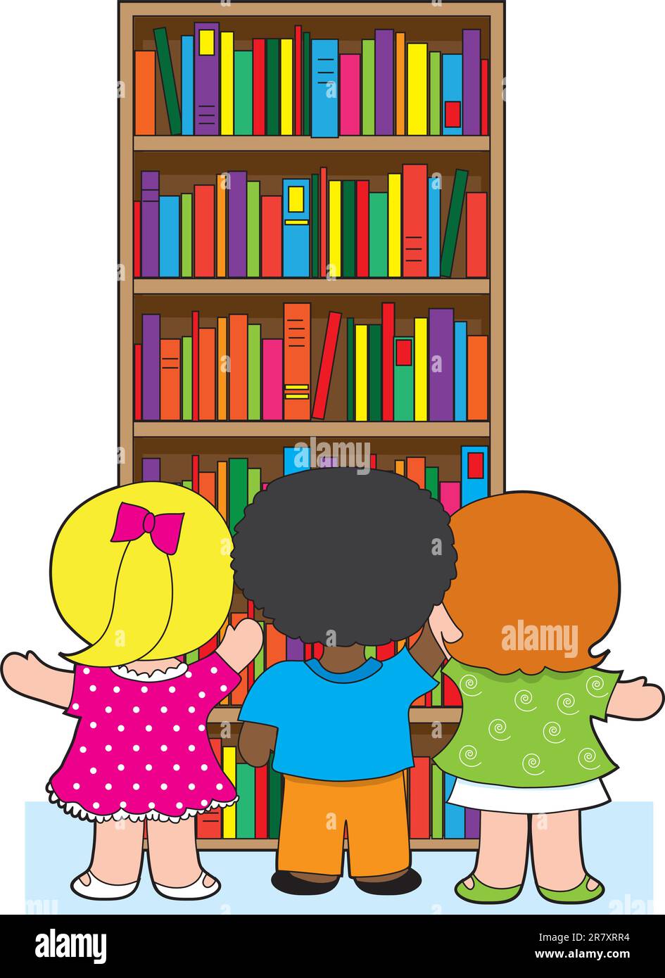 Trois jeunes enfants de l'école cueilent des livres colorés dans une bibliothèque imposante. Illustration de Vecteur