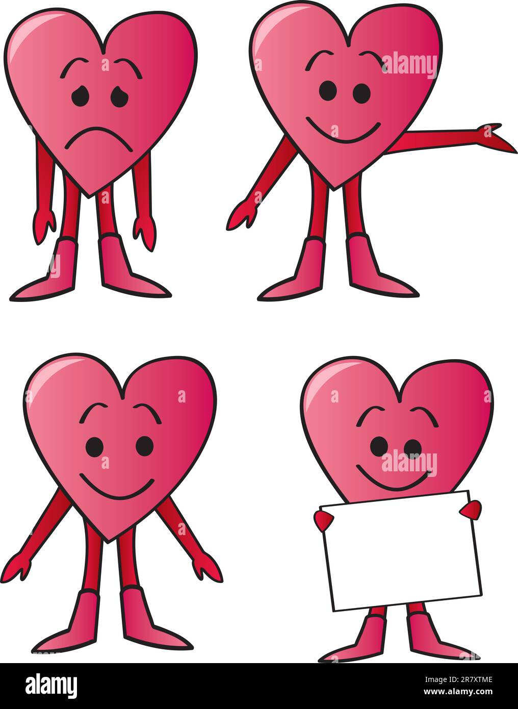 Quatre personnages de coeur de bande dessinée dans diverses poses et avec diverses expressions faciales. Illustration de Vecteur