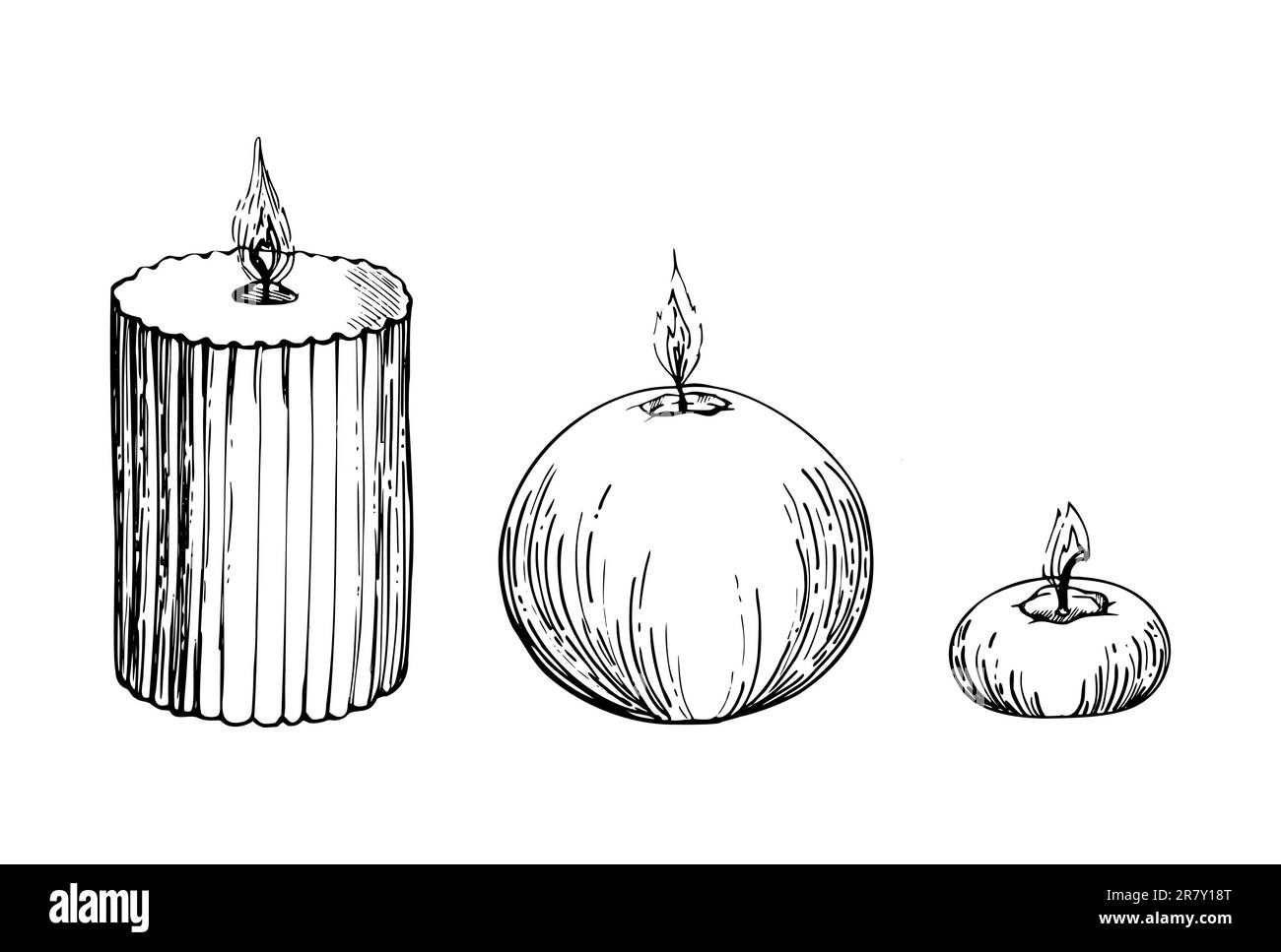 Bougies assorties à encre vectorielle dessinées à la main, allumées avec des flammes. Votives, boules, lampes à thé, piliers. Objet isolé sur fond blanc. Design pour le bien-être Illustration de Vecteur