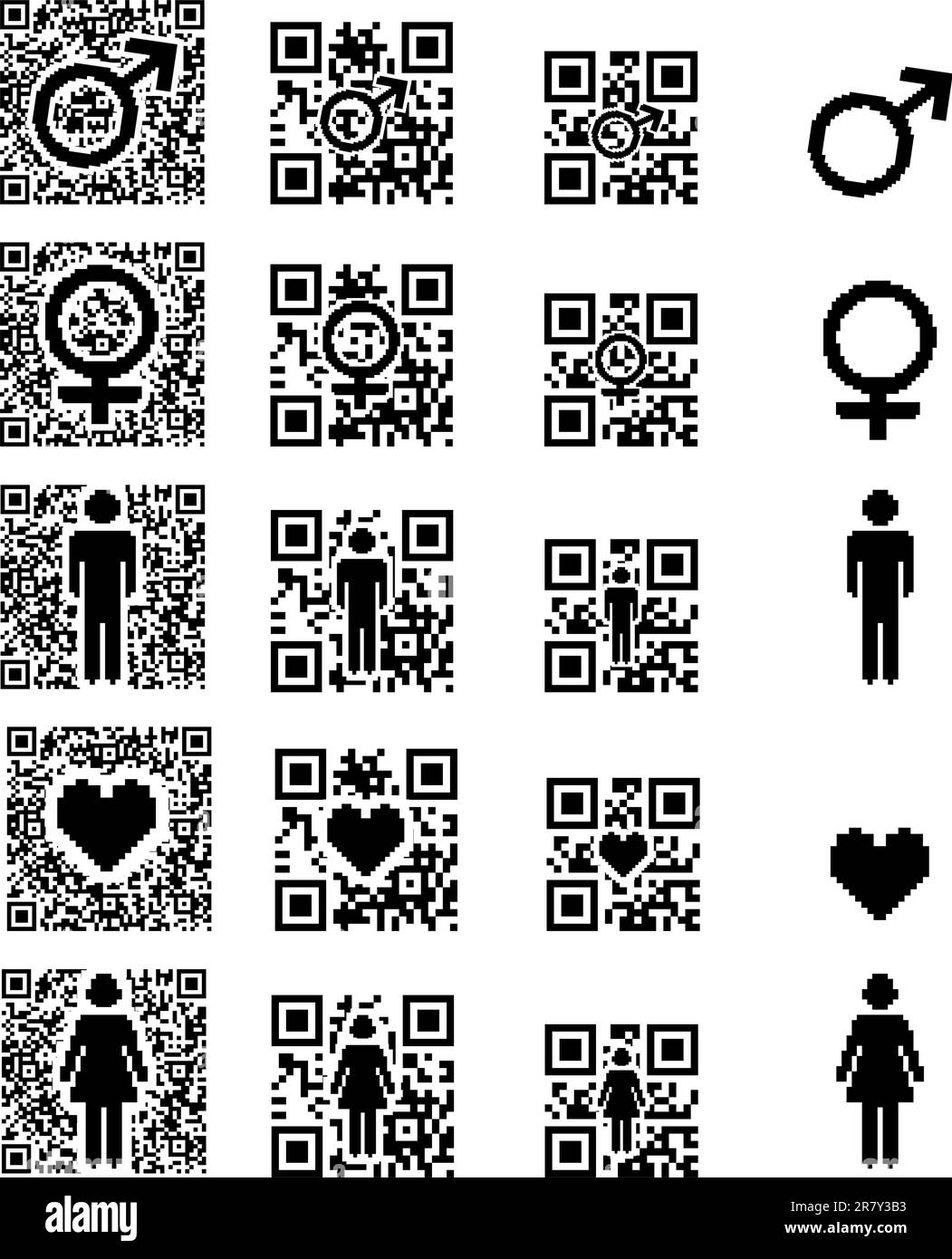 qr code icône homme, femme, et coeur. Icônes féminité et masculinité. Illustration de Vecteur