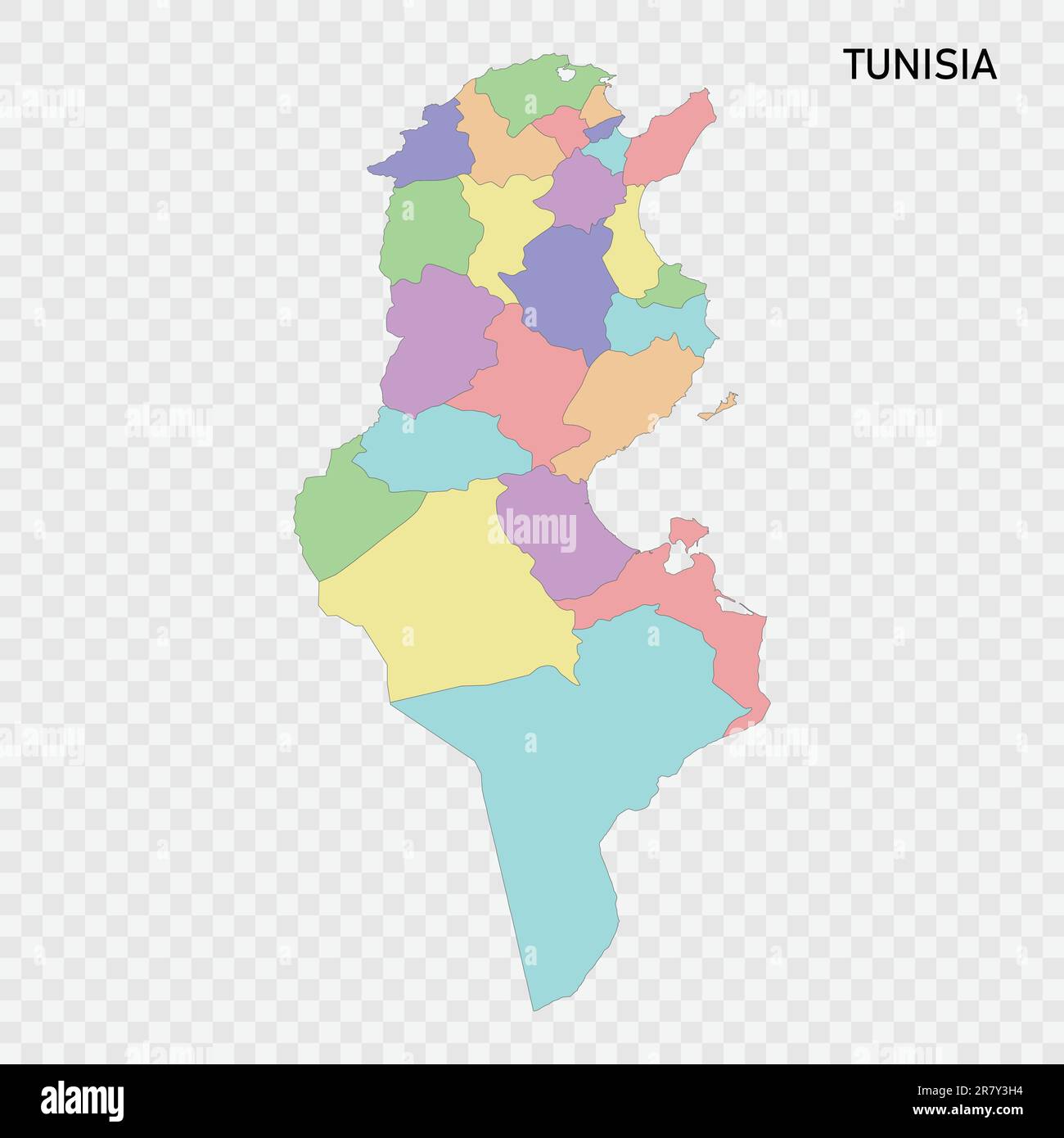 Carte couleur isolée de la Tunisie avec frontières des régions Illustration de Vecteur