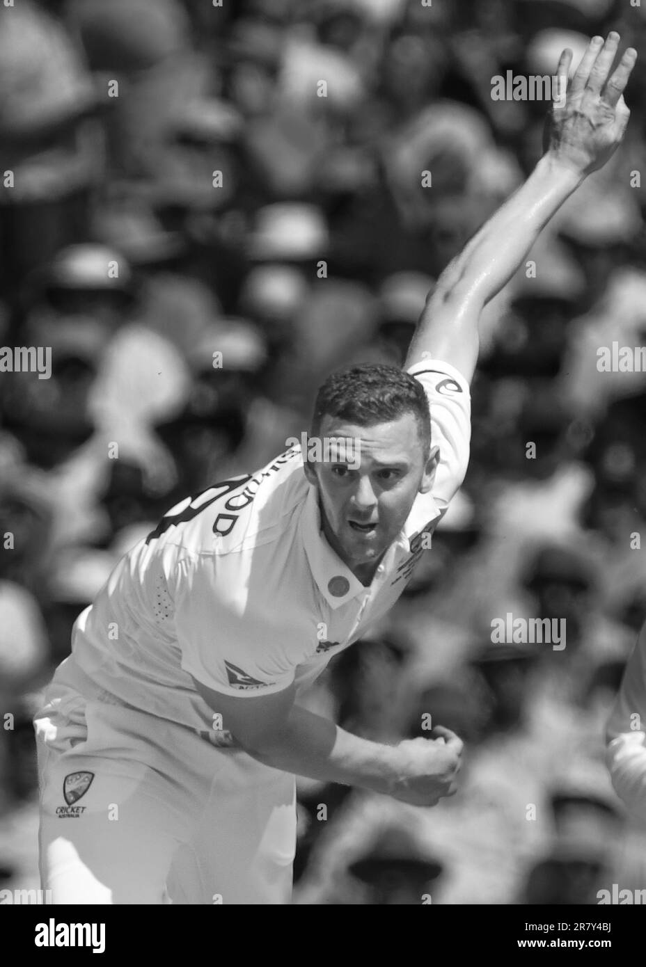 Edgbaston Cricket Stadium, Birmingham, Royaume-Uni. 16 juin 2023 à 1100hrs. England Men v Australia Men in the Ashes Cricket Test Match Day 1. Josh Hazelwood (Australie) Bowling - image en noir et blanc. Photo : Mark Dunn/Alay, Banque D'Images
