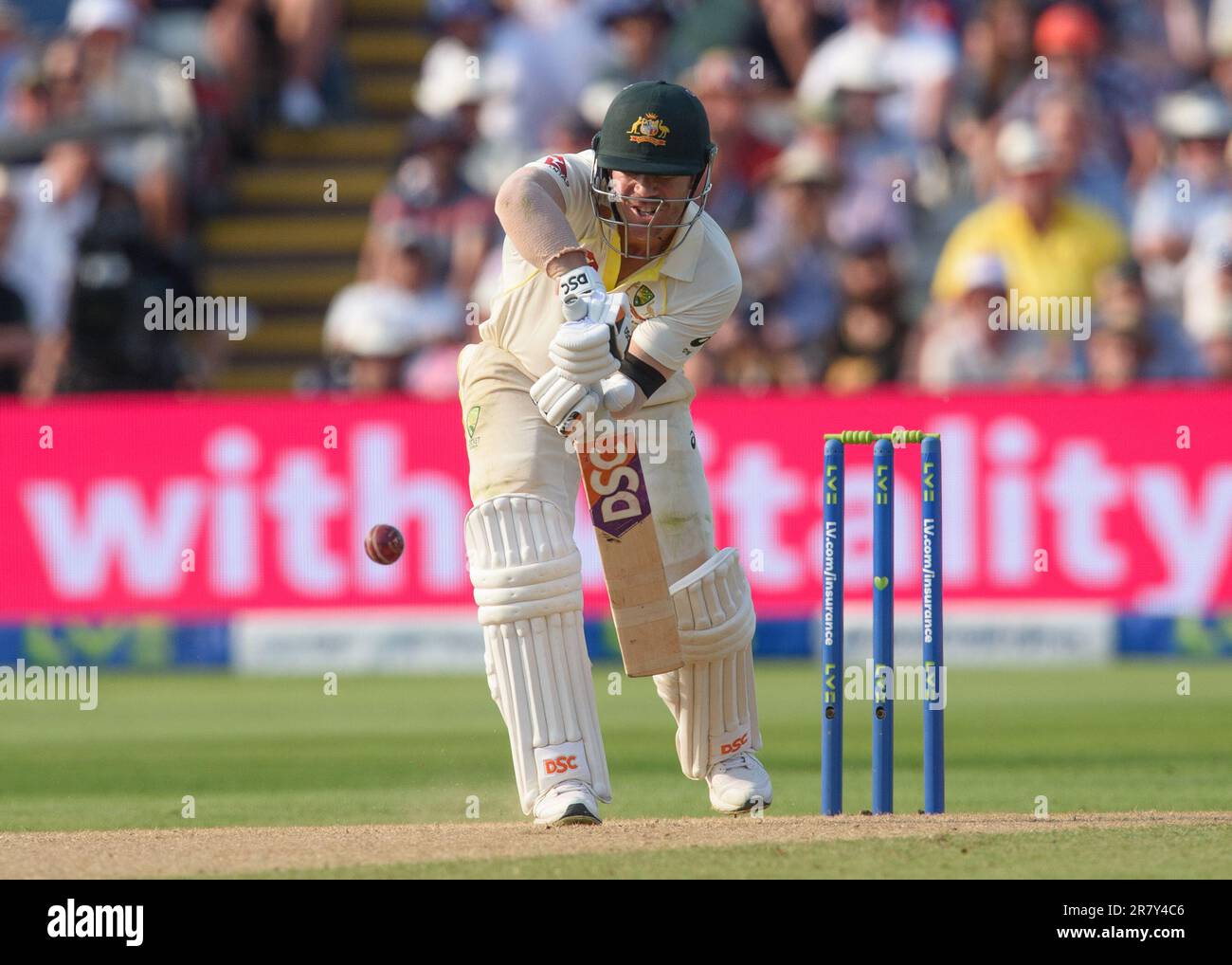 Edgbaston Cricket Stadium, Birmingham, Royaume-Uni. 16 juin 2023 à 1100hrs. England Men v Australia Men in the Ashes Cricket Test Match Day 1. David Warner (Australie) batting. Photo : Mark Dunn/Alay, Banque D'Images