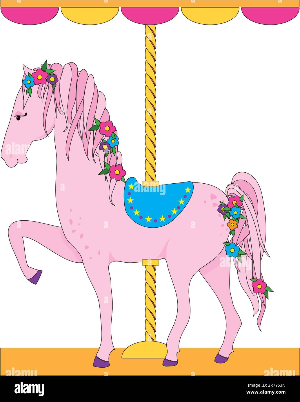 Un beau cheval rose carrousel, avec une queue et une manne fluide ornée de fleurs, est sportif d'une selle bleue. Illustration de Vecteur