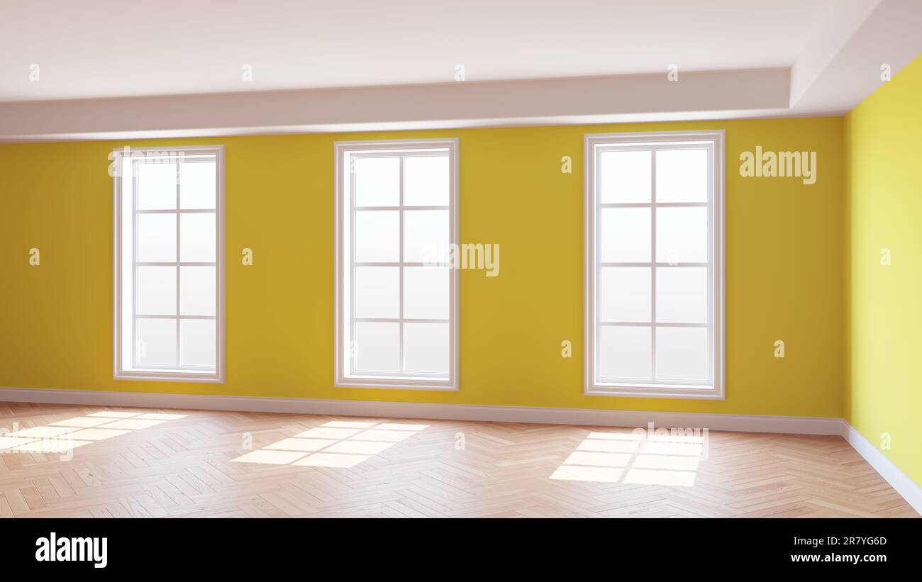 Intérieur ensoleillé de la chambre jaune avec trois grandes fenêtres, parquet brillant à chevrons clair et un Plinth blanc. Magnifique concept de la chambre vide. 3D illustration, Ultra HD 8K, 7680x4320 Banque D'Images