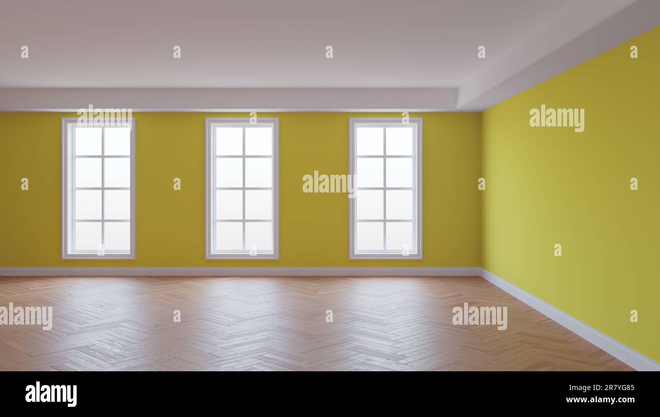 Intérieur avec mur jaune, plafond blanc et Conrnice, trois grandes fenêtres, parquet à chevrons et un pied blanc. Magnifique concept de l'intérieur, illustration 3D. 8K Ultra HD, 7680 x 4320 Banque D'Images