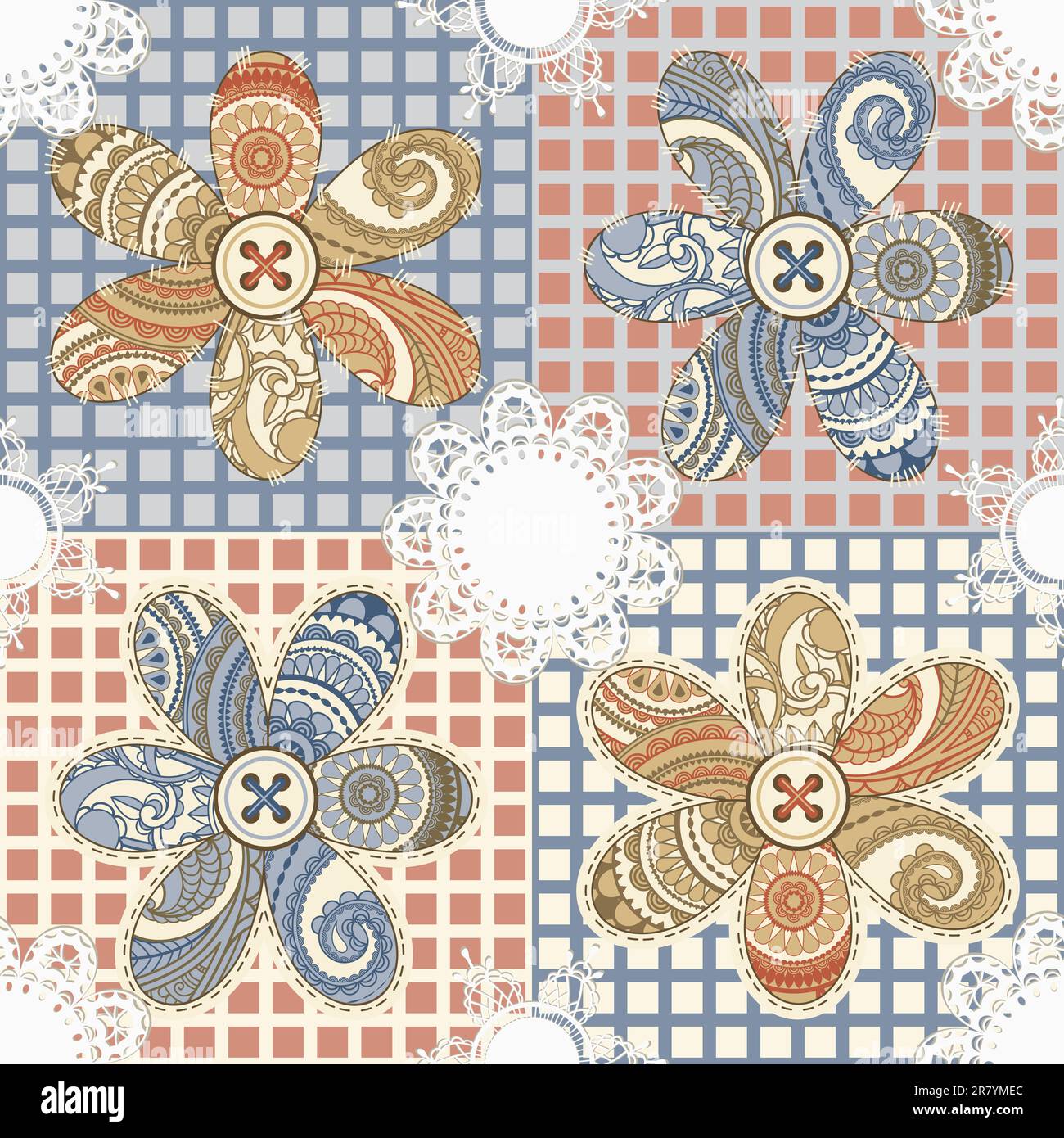 arrière-plan en tissu vectoriel sans couture avec fleurs, boutons et serviettes de table Illustration de Vecteur