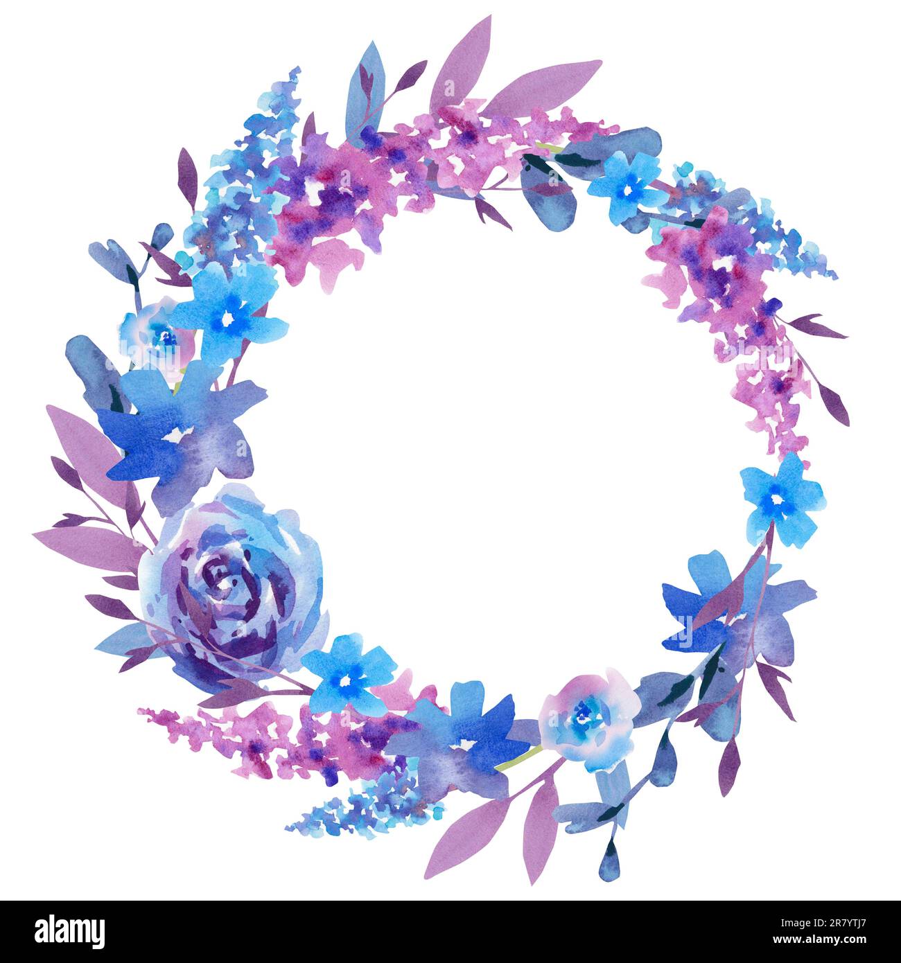 Une couronne de fleurs violettes et bordeaux. Illustration aquarelle. Roses, lupins, lavande, cosmétique, fleur de maïs. Beauté et santé Banque D'Images