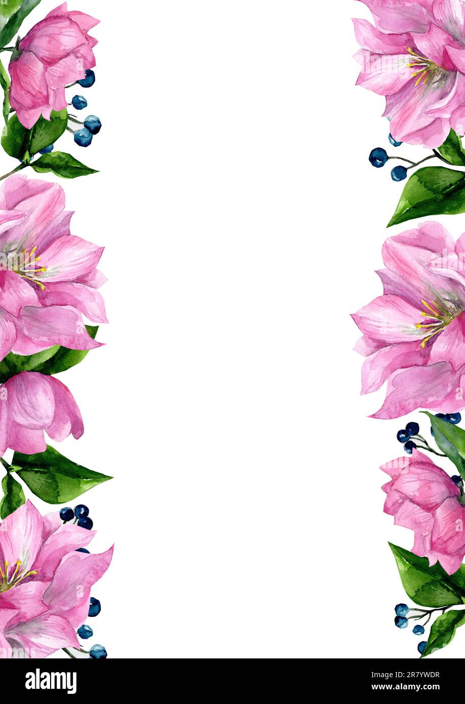 Modèle vertical avec fleurs hellebore roses et baies bleues. Espace libre pour le texte. Carte postale, invitation de mariage, enregistrez la date. Banque D'Images