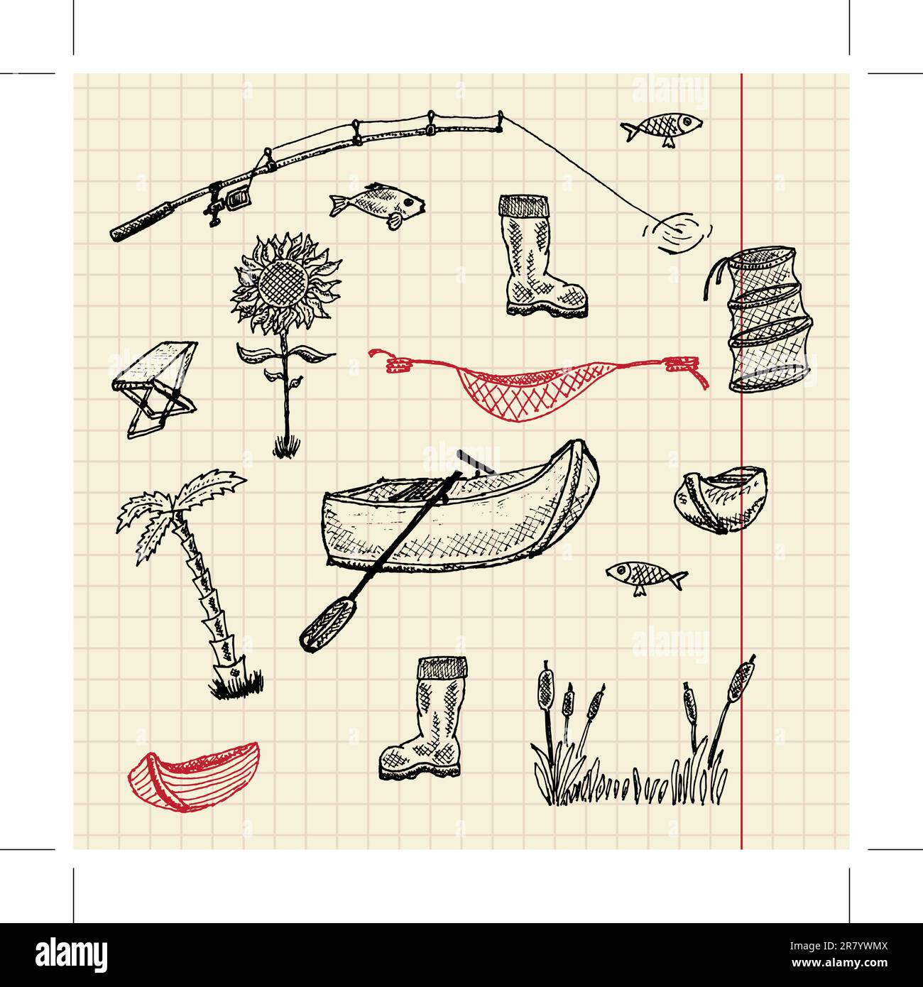 Kit de pêche d'esquisse, illustration vectorielle, eps10 Illustration de Vecteur