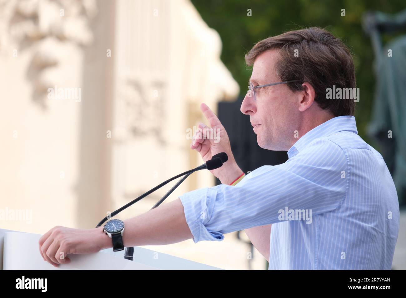 José Luis Martínez -Almeida lors d'un rassemblement pré-campagne à Madrid, sur 18 juin 2023, Espagne. Avant les élections législatives anticipées de 23 juillet. Banque D'Images