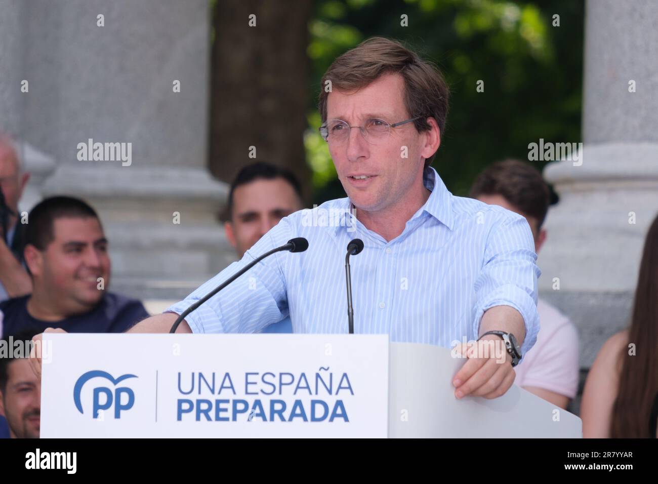 José Luis Martínez -Almeida lors d'un rassemblement pré-campagne à Madrid, sur 18 juin 2023, Espagne. Avant les élections législatives anticipées de 23 juillet. Banque D'Images