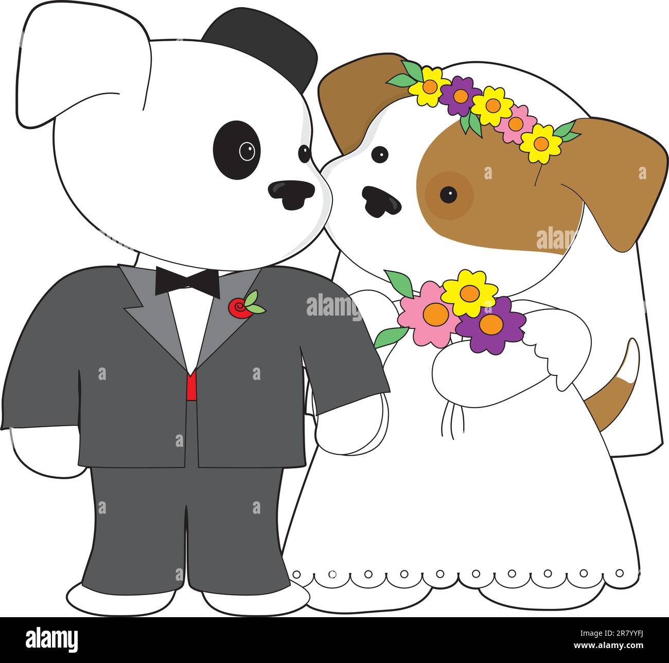 Deux petits chiots, l'un vêtu d'un tuxedo, l'autre d'une robe de mariage avec des fleurs dans ses cheveux, sont sur le point d'être mariés. Illustration de Vecteur