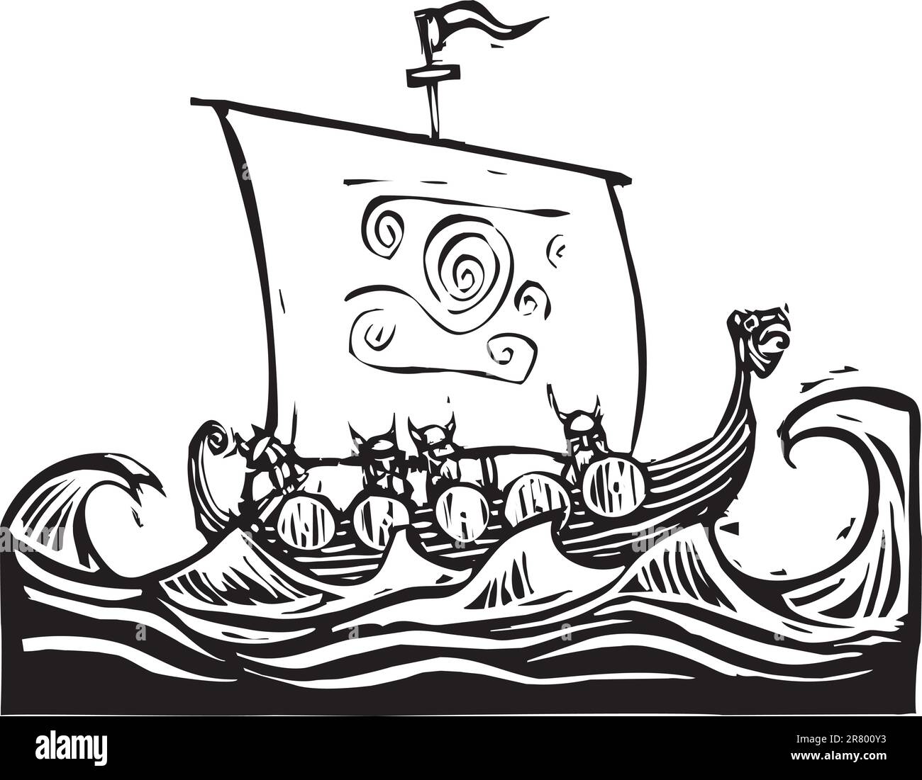Image boisée d'un voilier viking sur l'océan. Illustration de Vecteur
