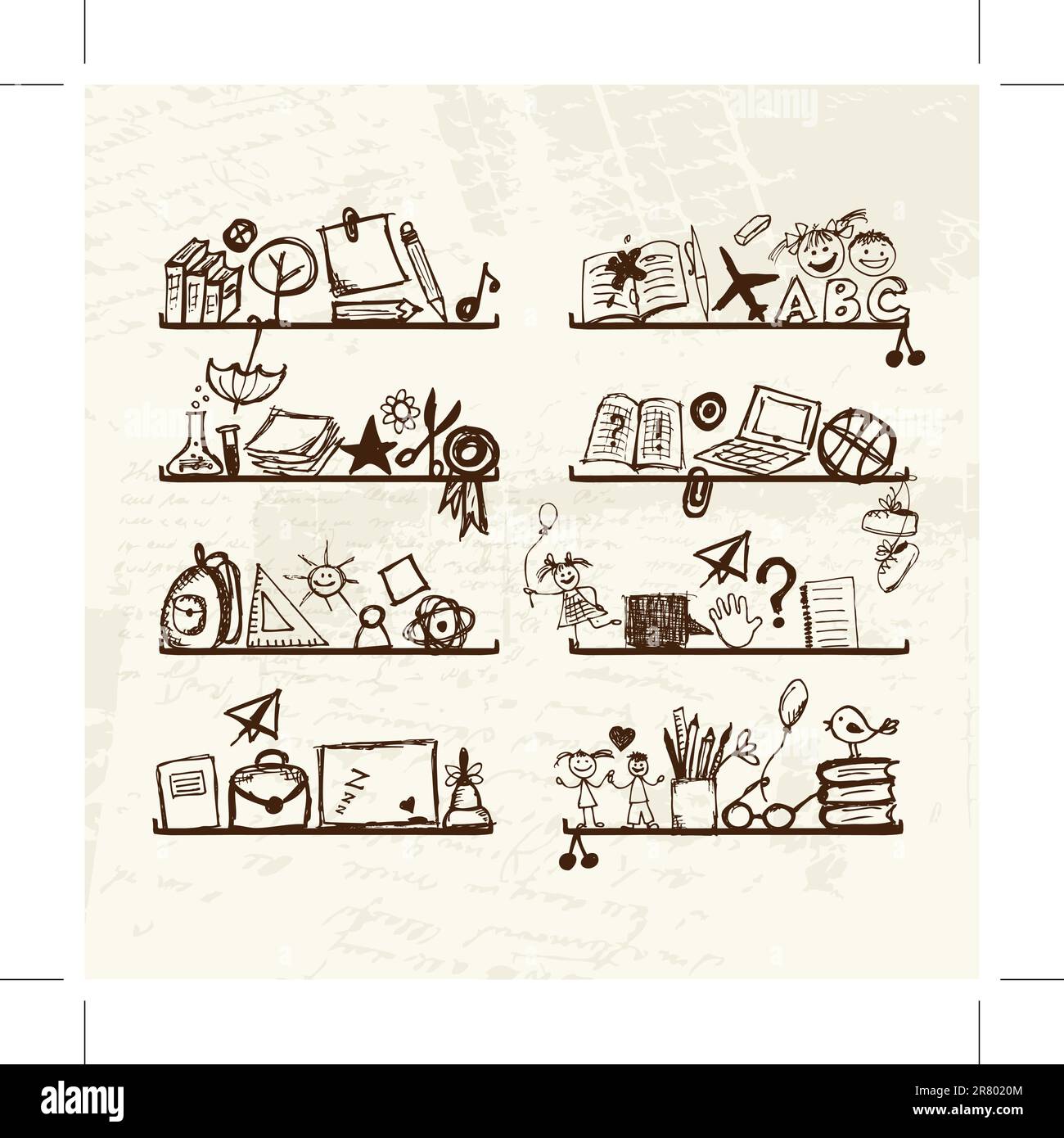 Objets pour l'école sur des étagères, dessin d'esquisse pour votre conception Illustration de Vecteur