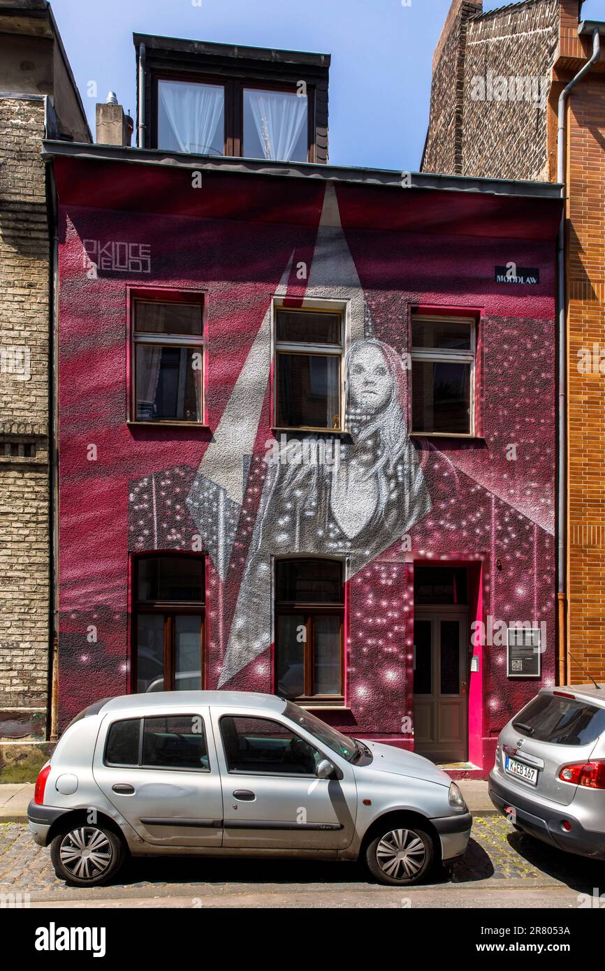 Fresque de l'artiste de streetart Onkel dose sur une maison sur la rue Senefelderstreet dans le quartier Ehrenfeld, Cologne, Allemagne. Graffiti von streetart Kuenstler Onke Banque D'Images