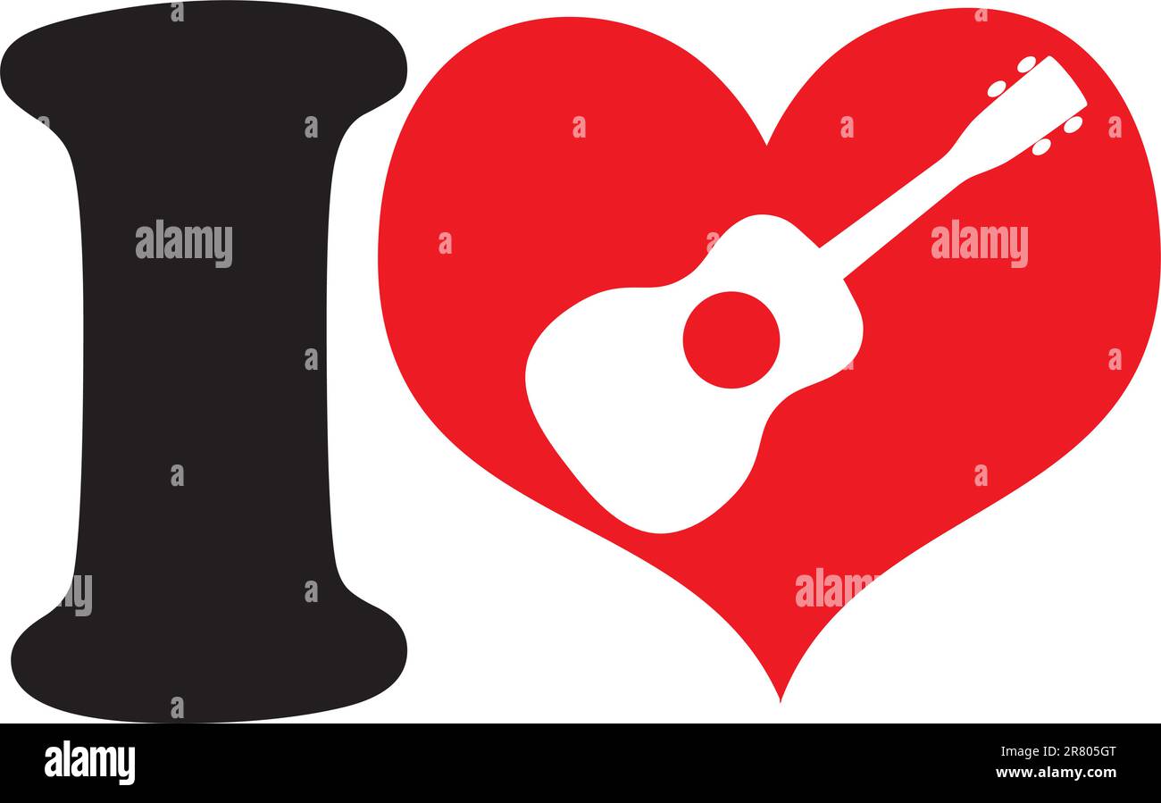 Un grand I noir et un grand coeur rouge avec une découpe ukulele, symbolisant cela, j'aime ukulele. Illustration de Vecteur