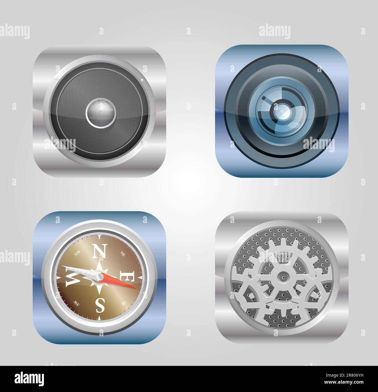 Ensemble de 4 icônes vectorielles. Caméra, boussole, boîte de vitesses, audio. Illustration de Vecteur