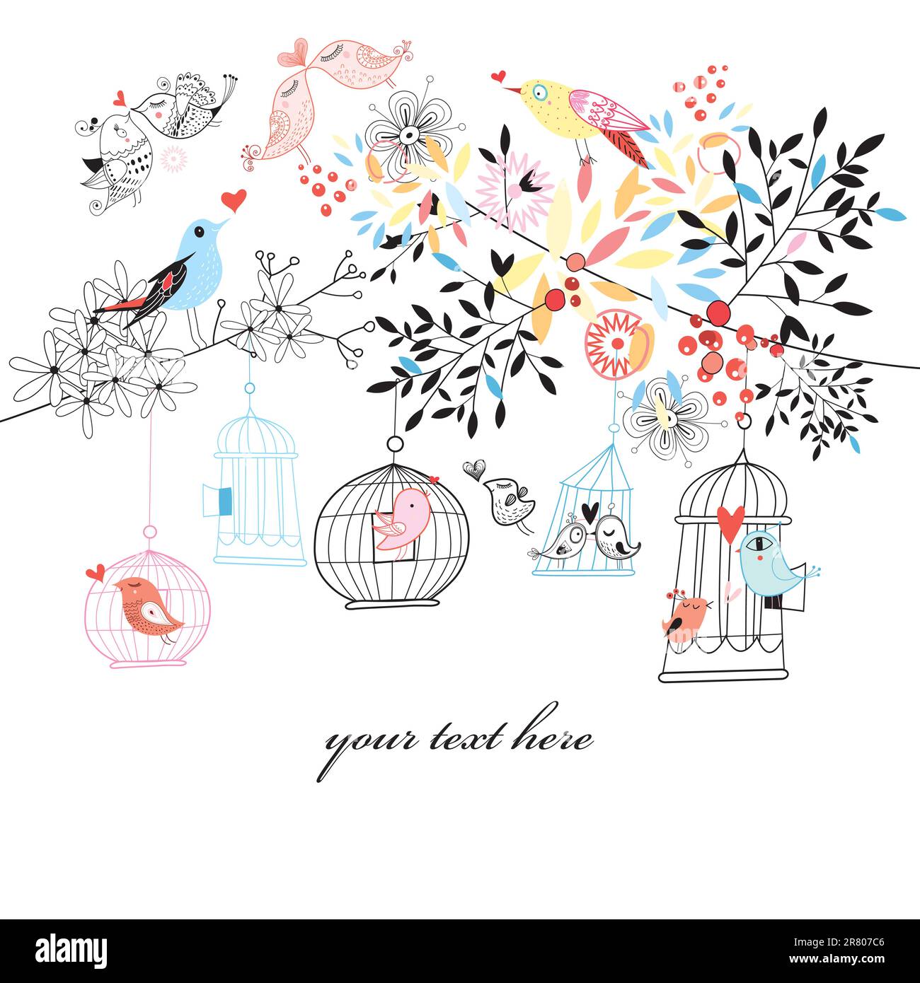 carte graphique avec cellules végétales et oiseaux amoureux sur fond blanc Illustration de Vecteur