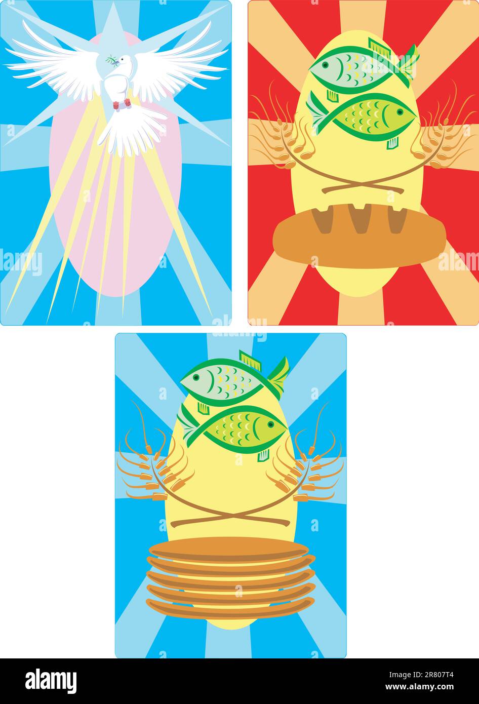 Un ensemble de symboles chrétiens ou œuvre d'art sur le thème chrétien représentant la paix, l'esprit Saint, et le miracle des quelques poissons et pains qui étaient M... Illustration de Vecteur Un ensemble de symboles chrétiens ou œuvre d'art sur le thème chrétien représentant la paix, l'esprit Saint, et le miracle des quelques poissons et pains qui étaient M... Illustration de Vecteur