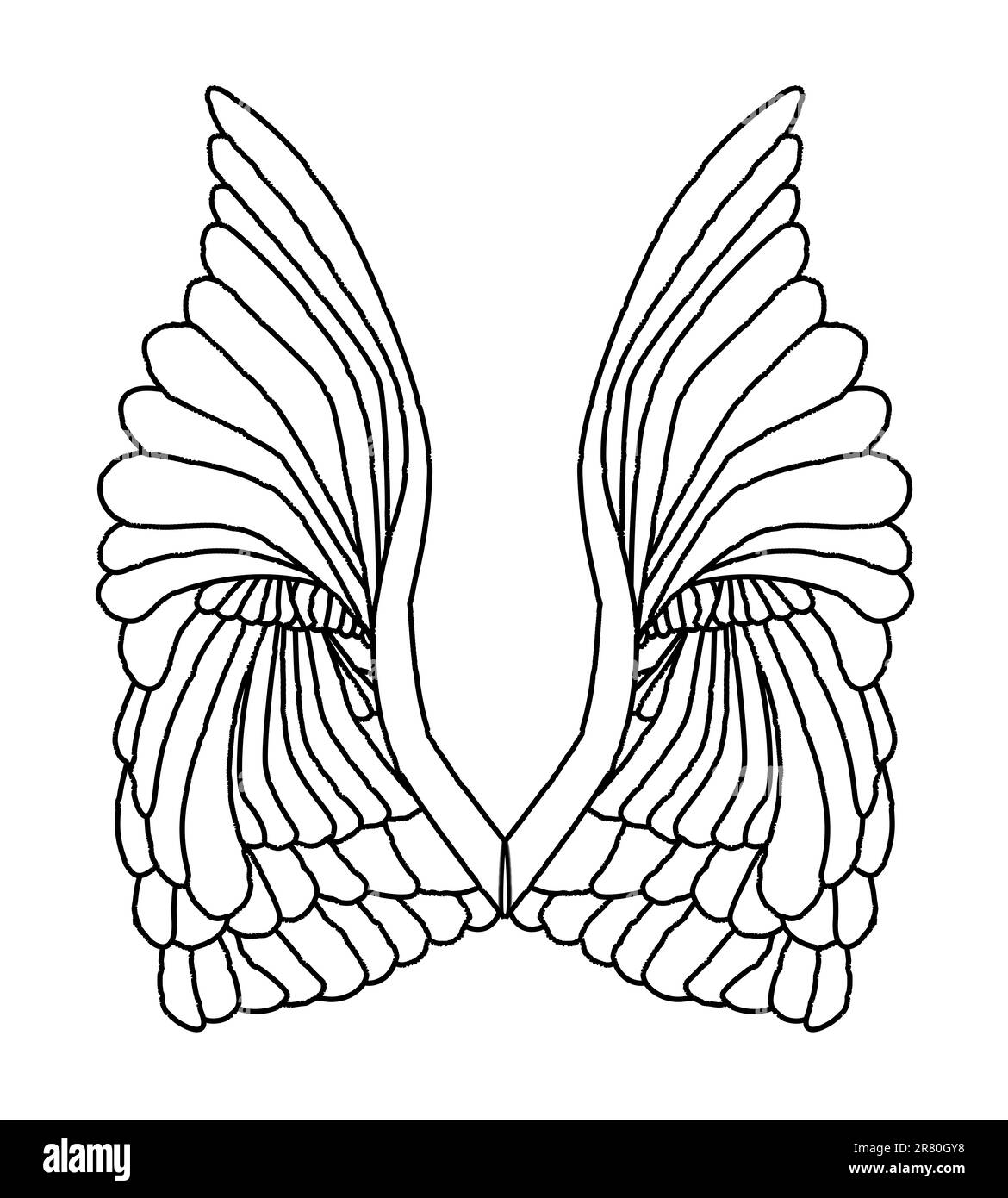 Dessin d'une ligne noire d'une paire d'ailes angéliques sur un fond blanc Banque D'Images
