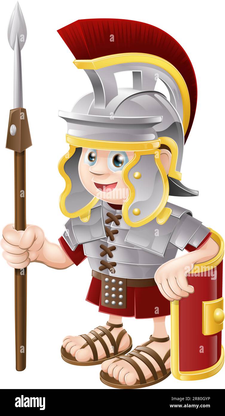 Illustration d'un mignon heureux soldat romain tenant une lance et un bouclier Illustration de Vecteur