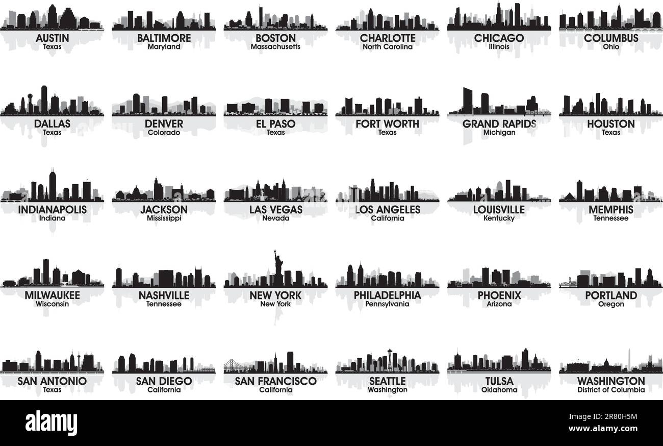 Un incroyable panorama de la ville des États-Unis. 30 villes. Illustration de Vecteur