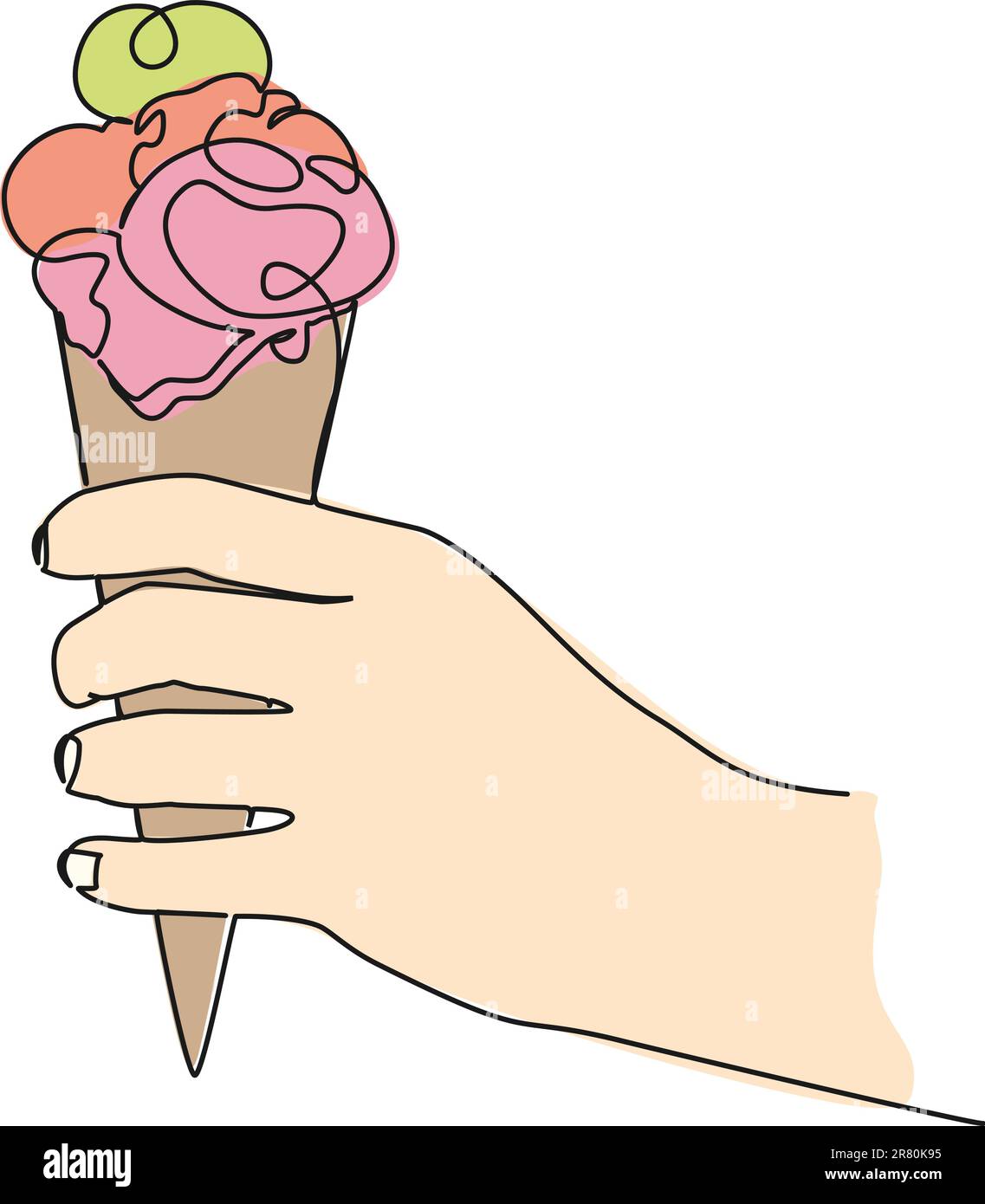 dessin d'une seule ligne en continu coloré de cône de crème glacée tenant main, illustration vectorielle de dessin au trait Illustration de Vecteur