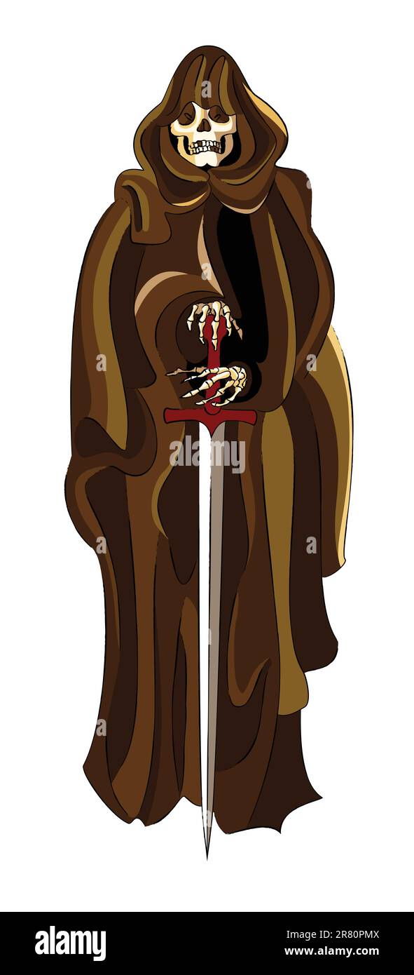 L'ange de la mort vêtu d'un imperméable brun tient une épée Illustration de Vecteur