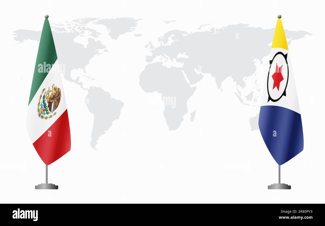 Drapeaux du Mexique et Bonaire pour une réunion officielle sur fond de carte du monde. Illustration de Vecteur