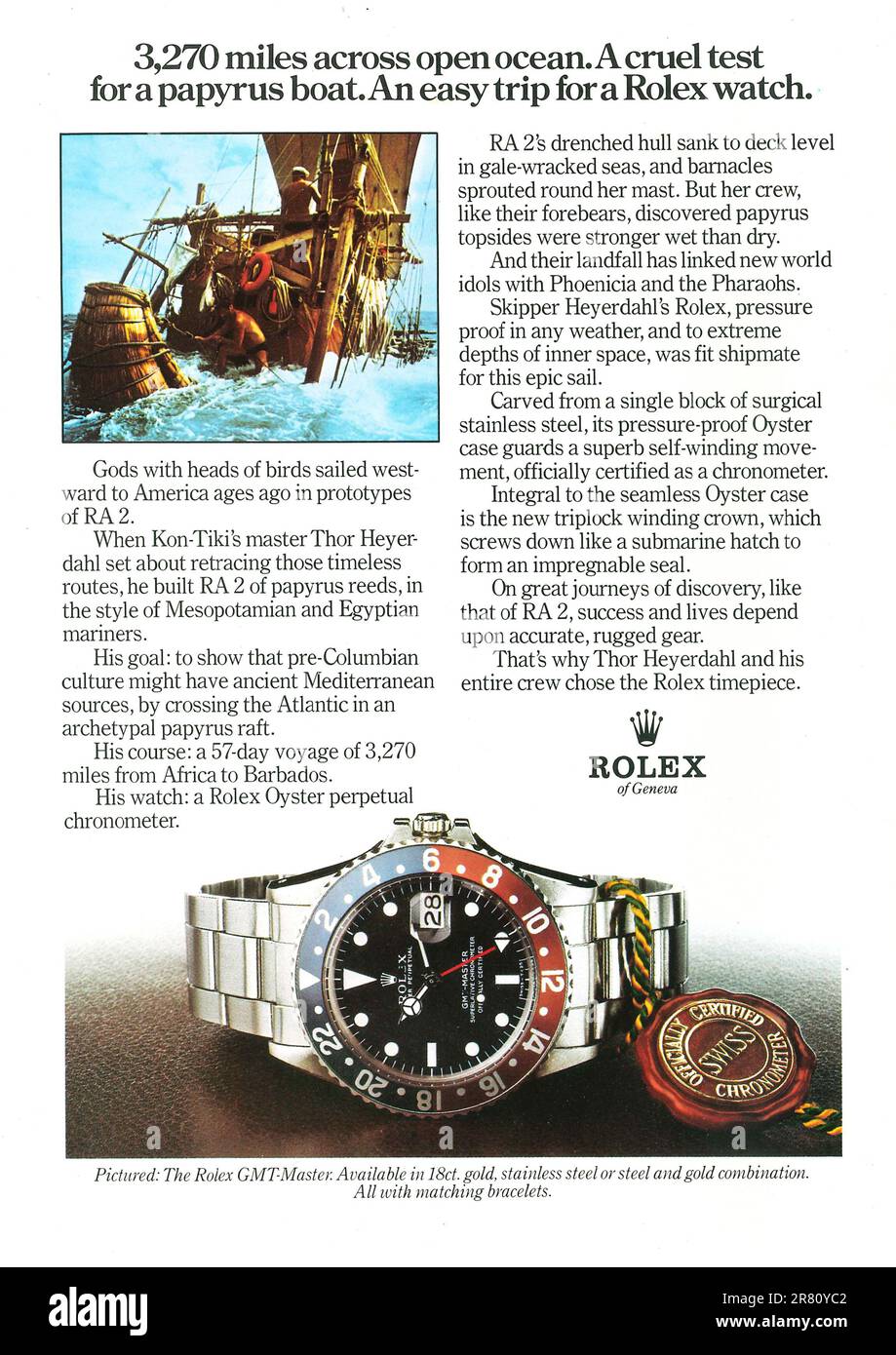 Rolex GMT master Watch annonce avec Thor Heyerdahl de KonTiki dans un magazine 1977 Banque D'Images