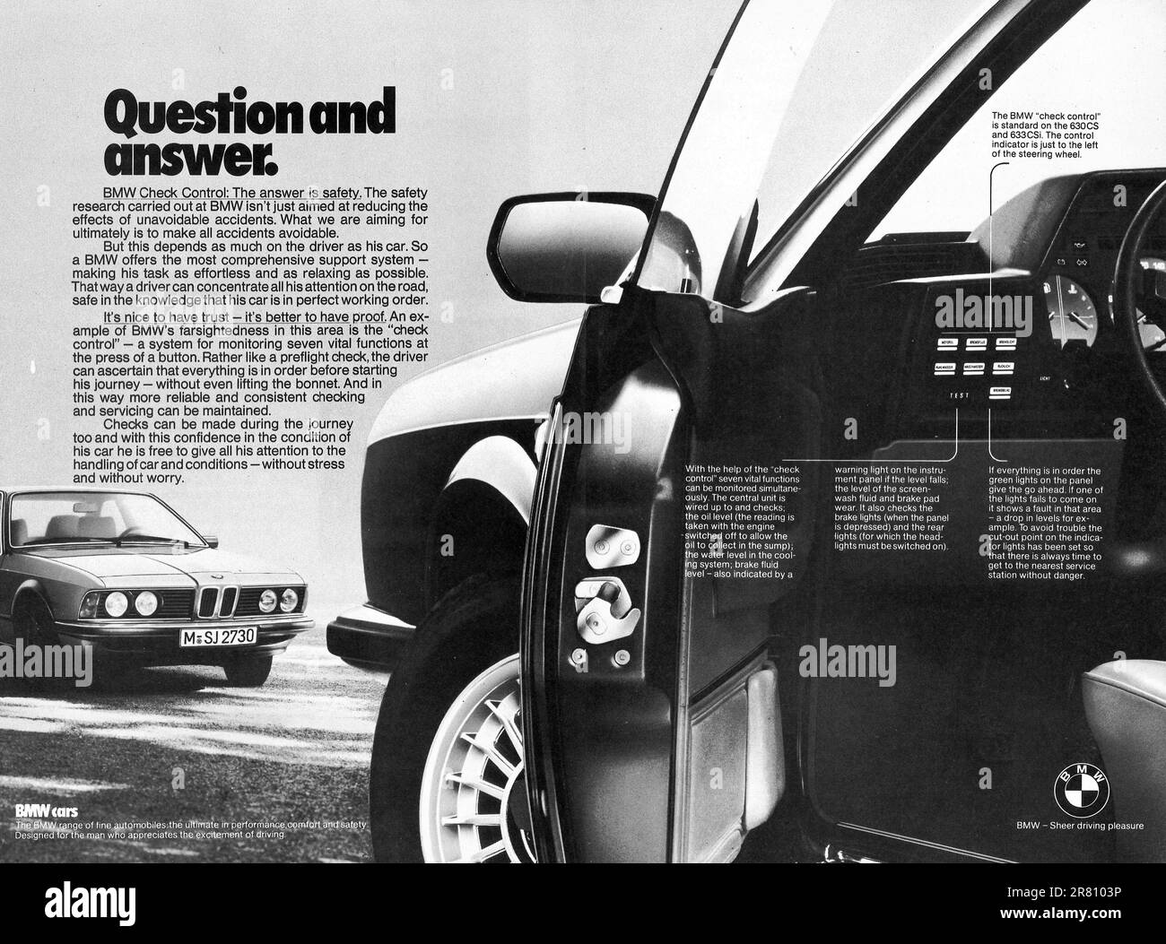 Publicité BMW Check Control dans un magazine 1977. Panneaux de commande BMW 630 CS, BMW 633 CSI dans une publicité. Banque D'Images