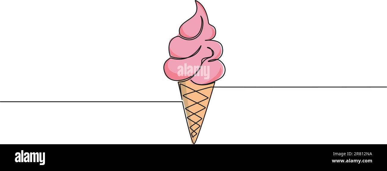 dessin d'une seule ligne en couleur continue de cône de crème glacée avec service doux, illustration vectorielle de dessin au trait Illustration de Vecteur